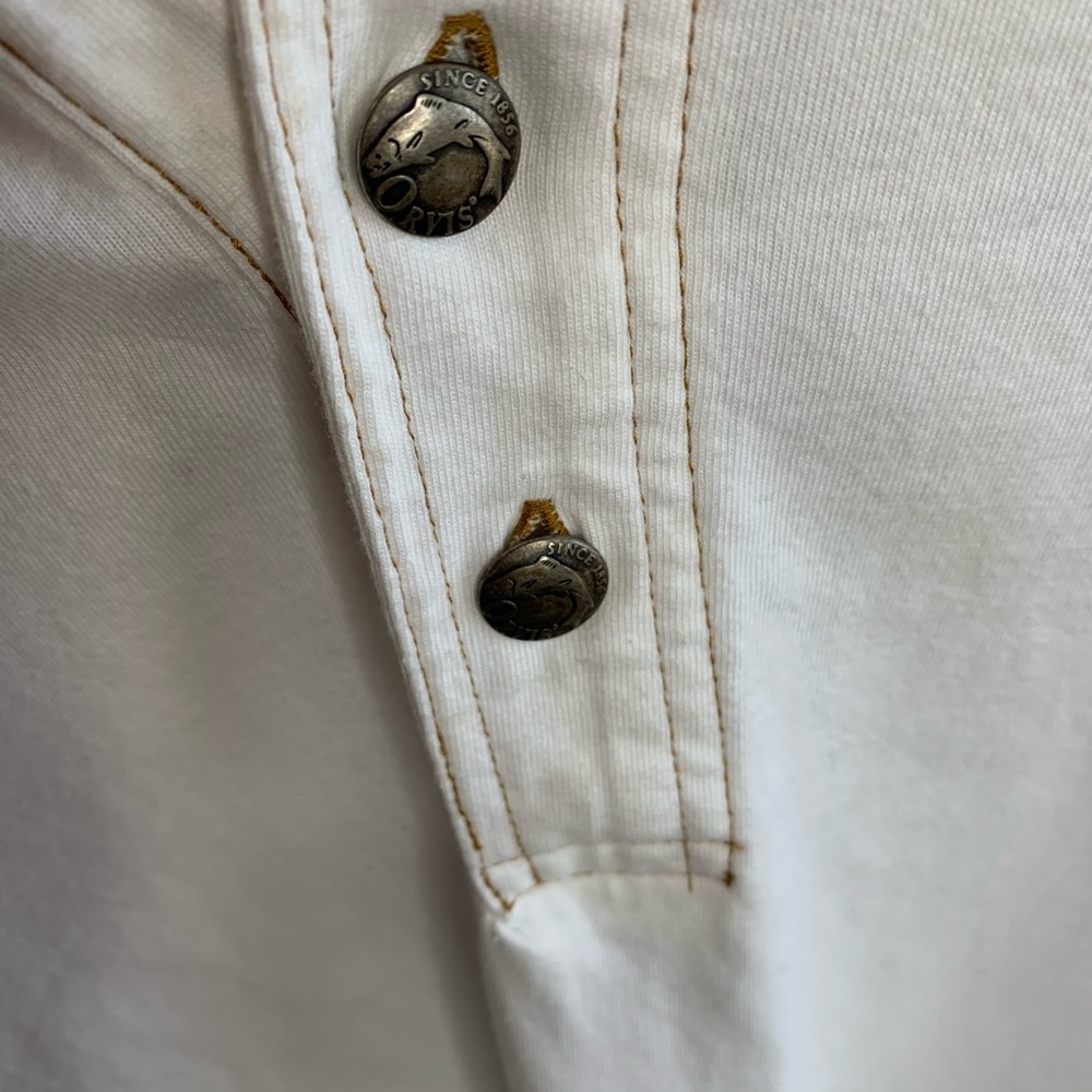 Orvis Cream Polo Partial Button Down T shirt MED - Picture 2 of 5